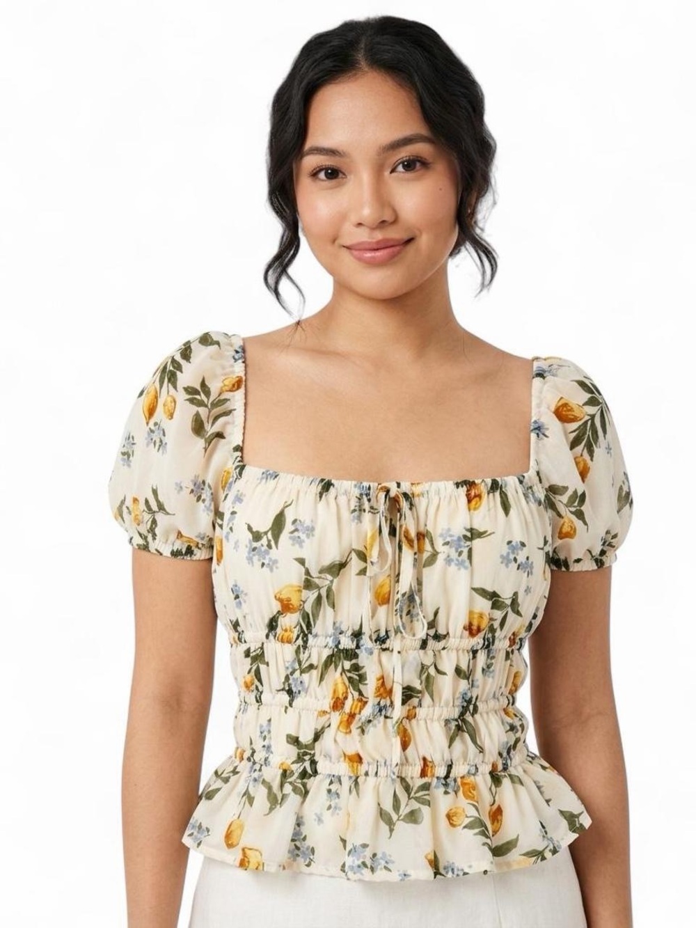 Japna Cream Floral Smocked Crop Top with Puff Sleeves